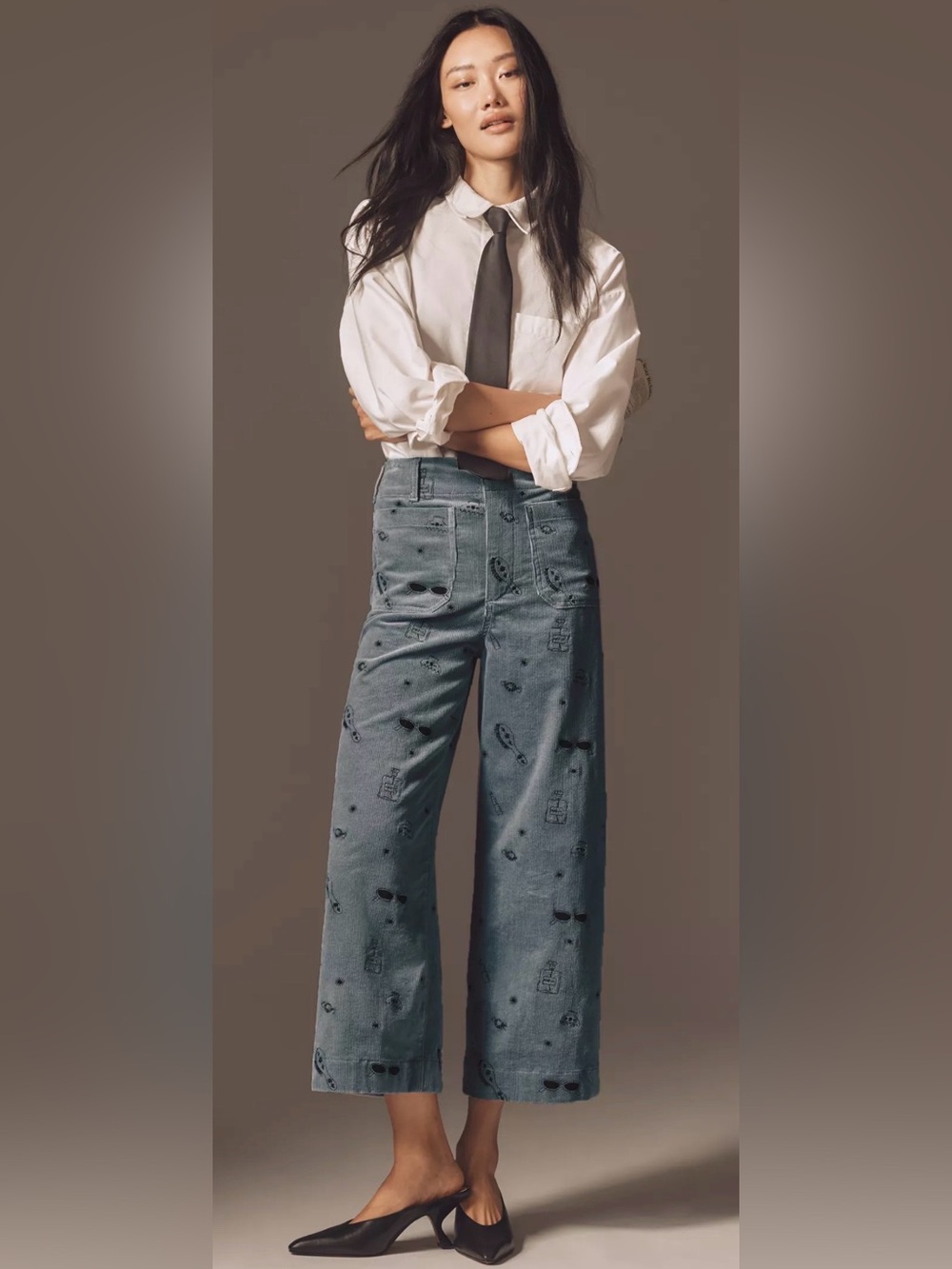 Anthropologie Maeve The Colette Gray Crop Wide Leg Embroidered Corduroy Pants